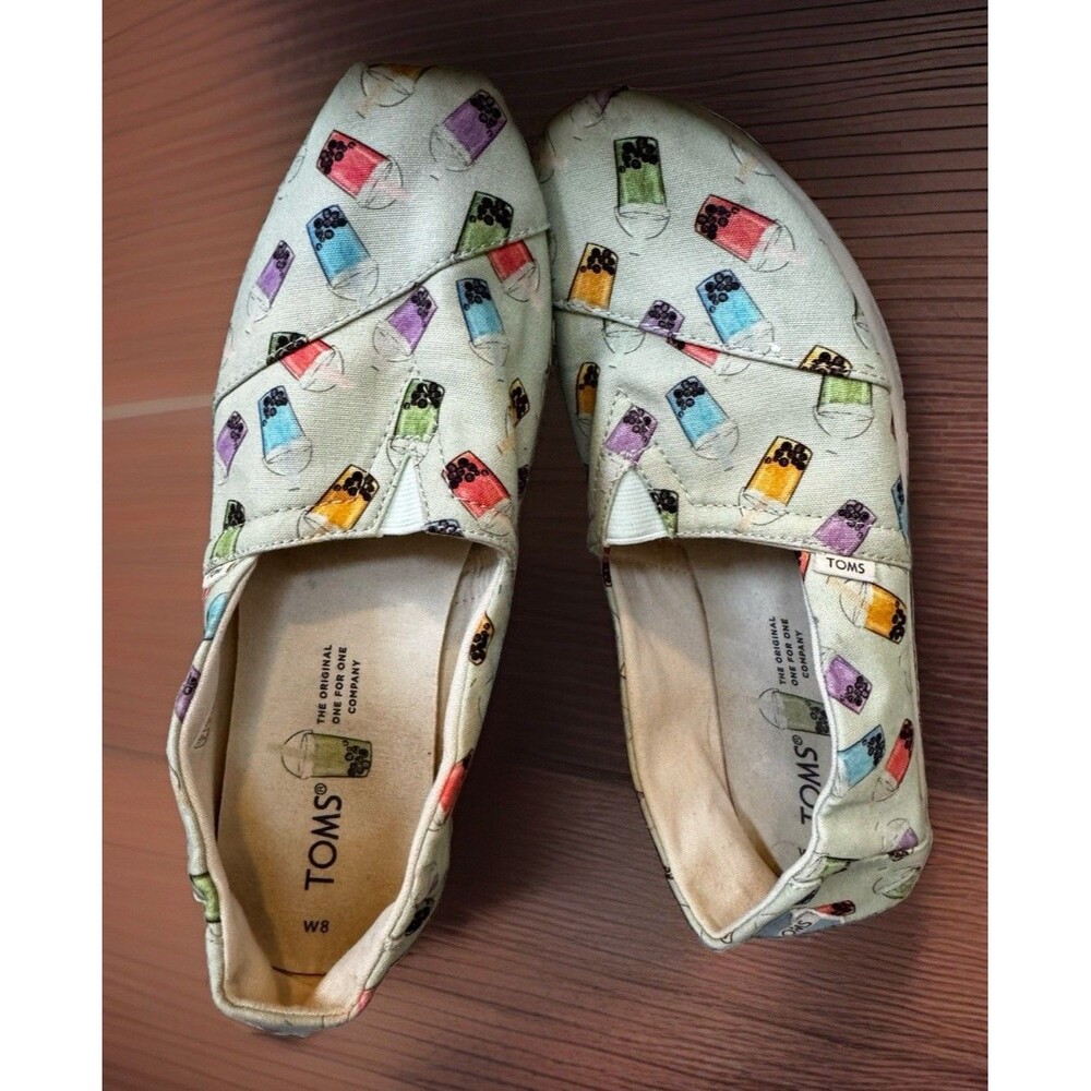 EUC TOMS Alpargata Shoes Womens 8 Mint Green Boba Tea Print Slip On Flats